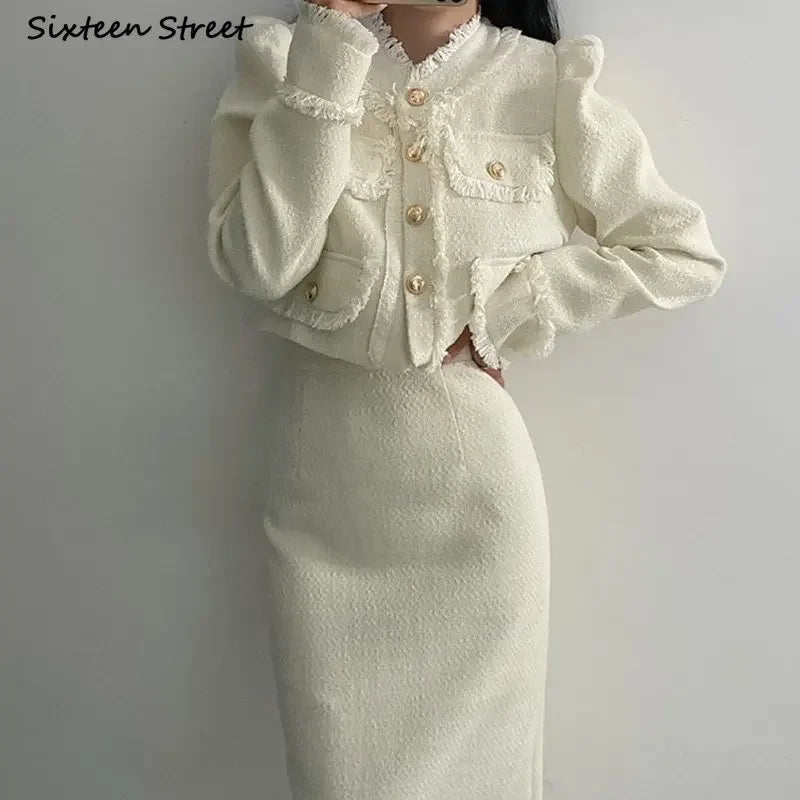 Beige Tweed Jacket + High Waisted Skirts Women Winter  Golden Button 2 Piece Sets Wool Luxury Vintage Skirts Sets Autumn
