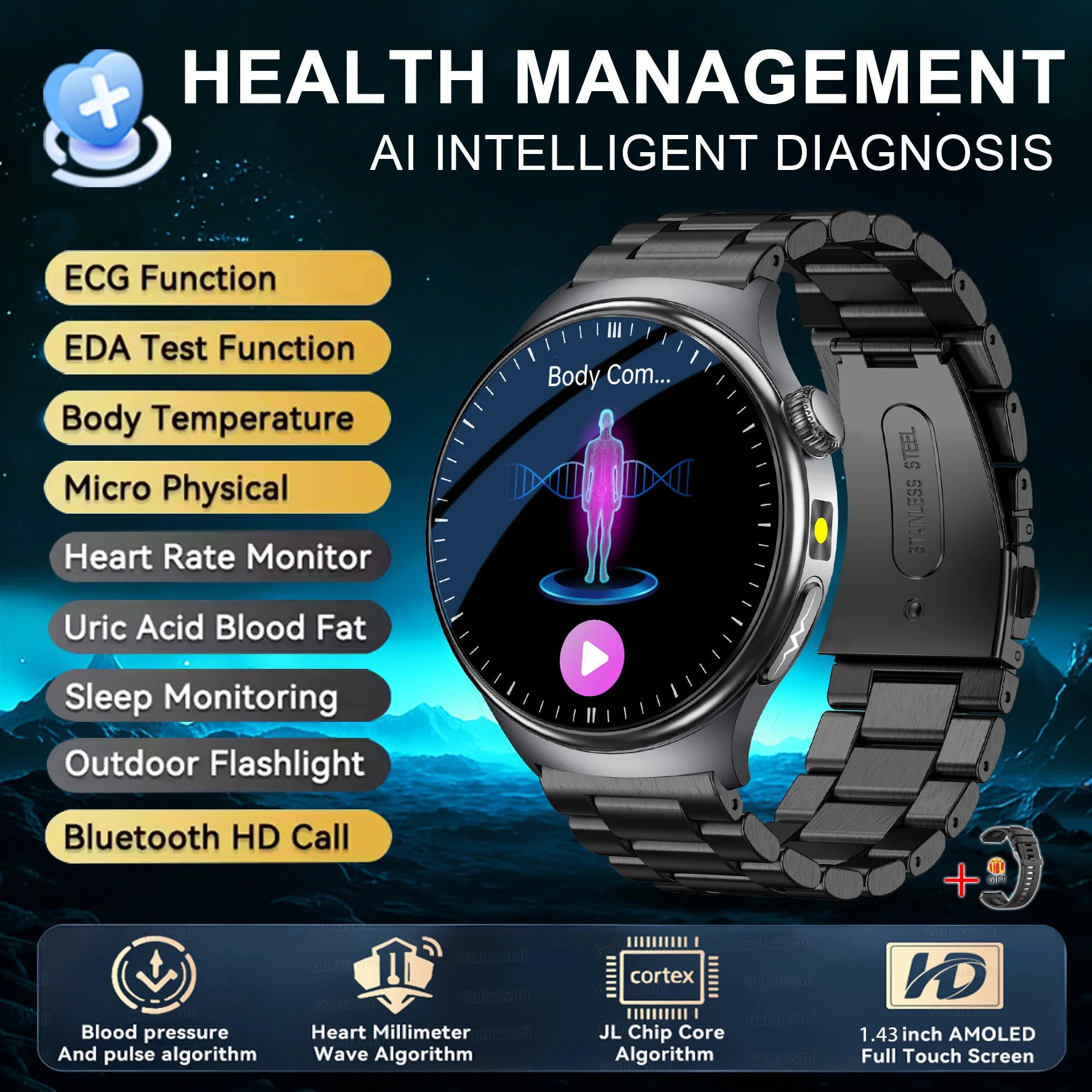 2026 New Accurate Body Health analysis Smart Watch Men ECG Blood lipids Uric acid Blood Pressure Body Fat Voice Call Smartwatch