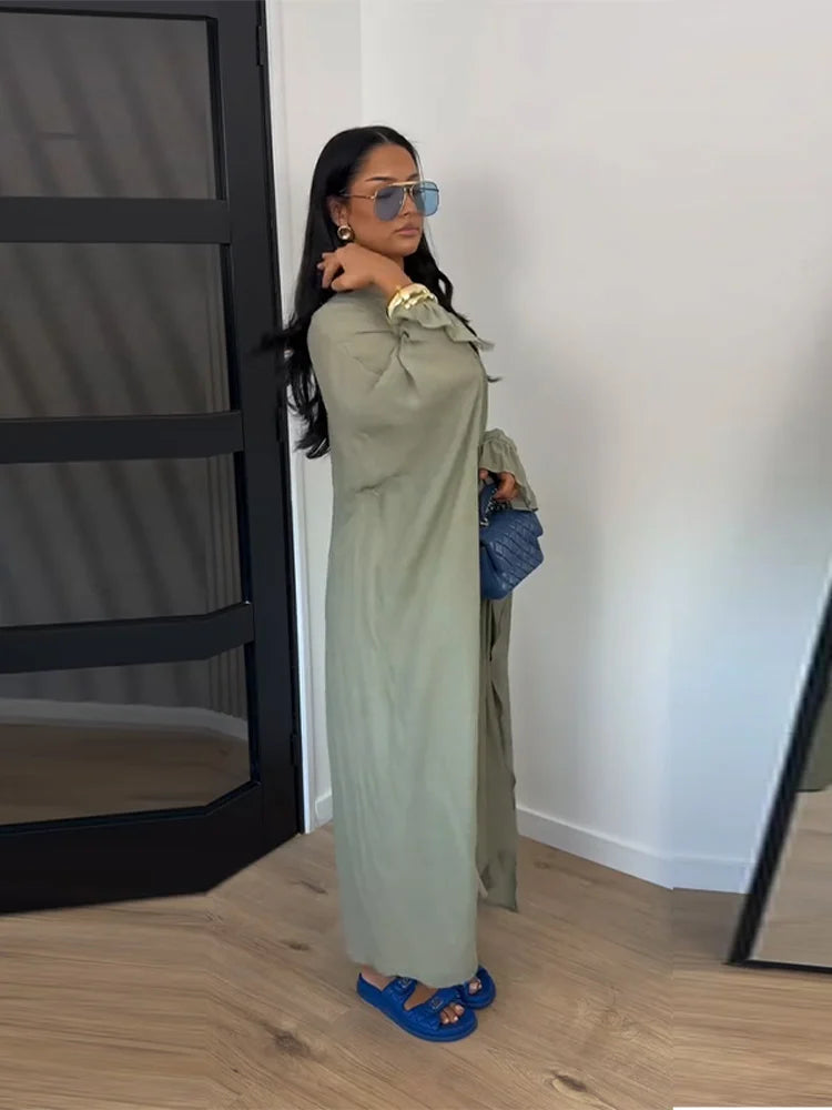 Maxi Dress Women's Dresses Batwing Sleeve Beige Ruffle Tie Neck Pleated Oversized Woman Clothes Casual Wear Summer Outfit