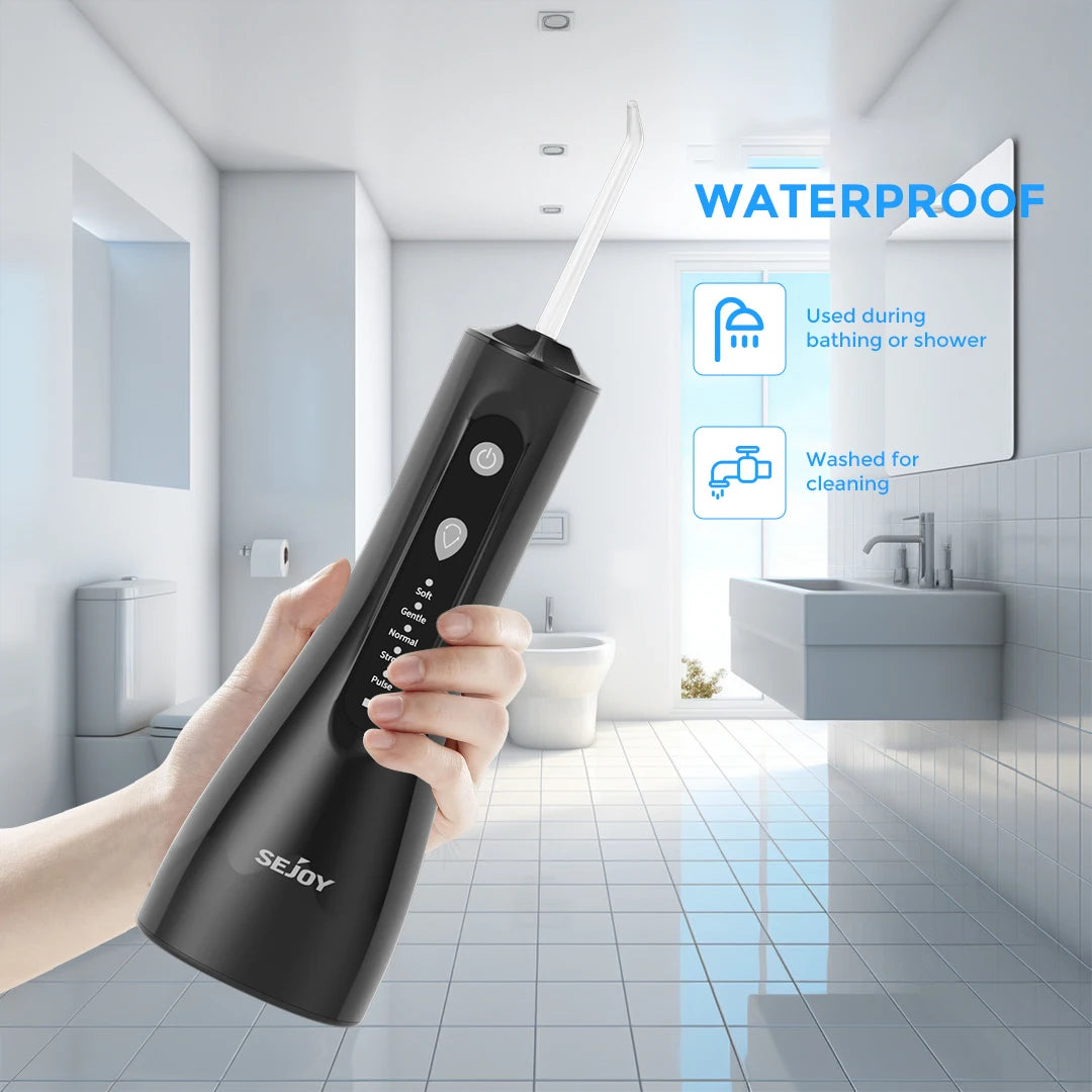 SEJOY Portable Electric Water Flosser Irrigator Dental Teeth Whitening strips 350ML Tank 5 Modes 5 Jet Tips For Home Travel