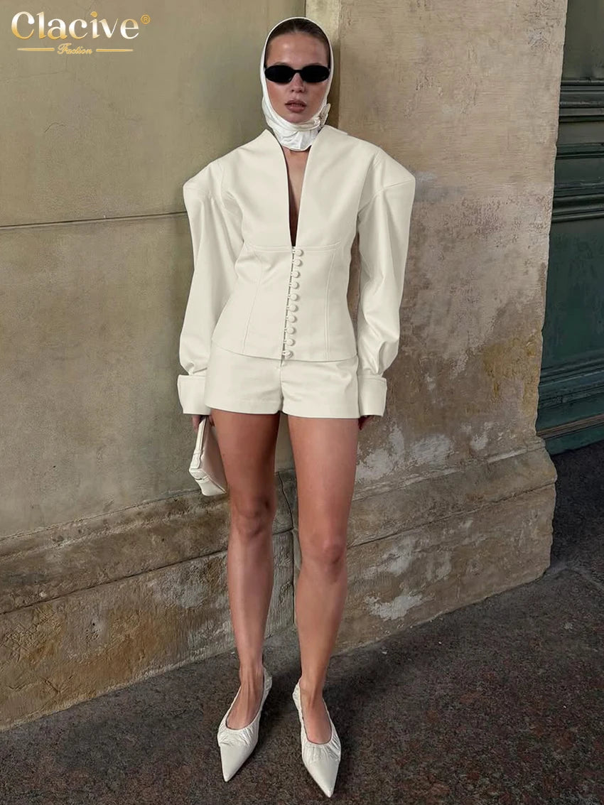 Clacive Fashion Loose Beige Women's Two Pieces Set 2025 Sexy Long Sleeve Shirt With High Waist Shorts Set Female Streetwear