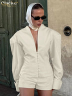Clacive Fashion Loose Beige Women's Two Pieces Set 2025 Sexy Long Sleeve Shirt With High Waist Shorts Set Female Streetwear