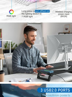 RGB Light Effect Rechargeable Desktop Monitor Height Stand 3 USB 2.0 Port Universal Laptop Storage Rack With Wireless Charging