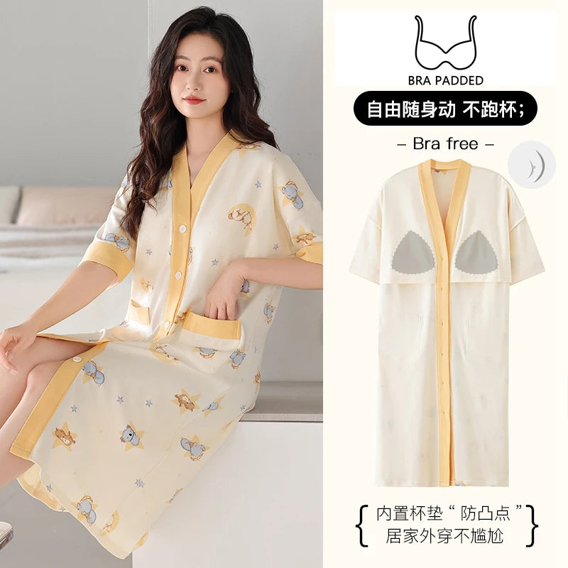 SUKAE Midi Nightdress M-5XL V-neck Bra Padded Botton Sleepshirt Plus Size Cotton Nightgowns Summer Women Short Sleeves Nightgown