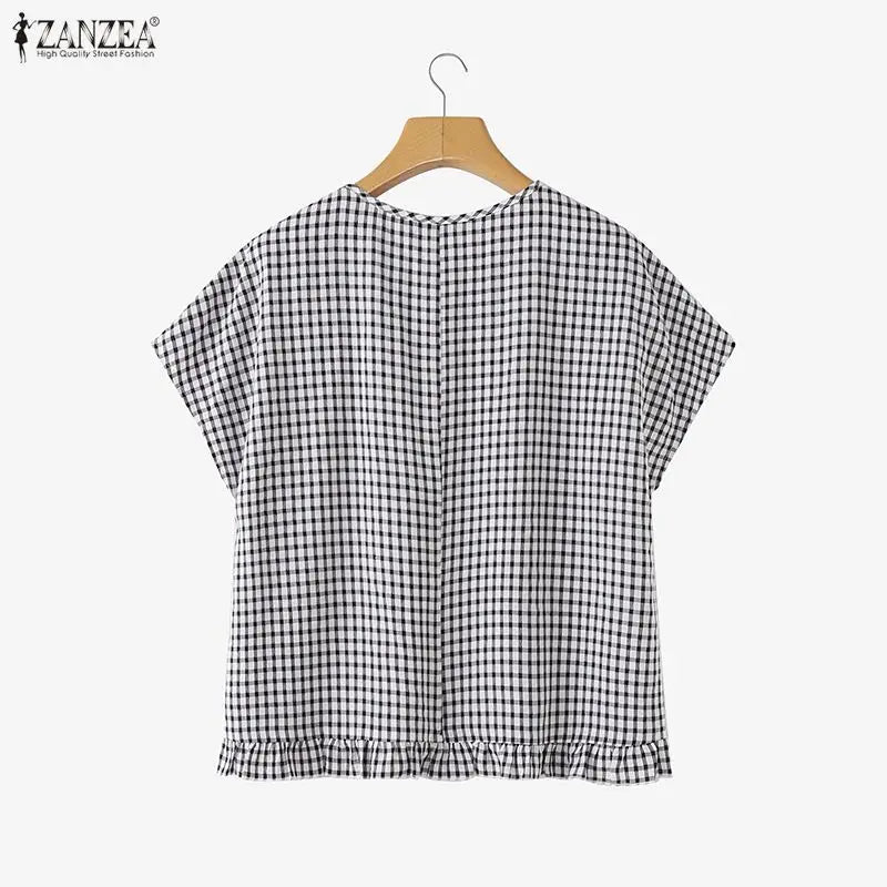 Women Summer Plaid Checked Blouse ZANZEA 2026 Fashion O Neck Short Sleeve Tops Casual Loose Holiday Shirt Elegant Work Blusas