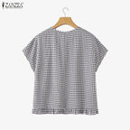 Women Summer Plaid Checked Blouse ZANZEA 2026 Fashion O Neck Short Sleeve Tops Casual Loose Holiday Shirt Elegant Work Blusas