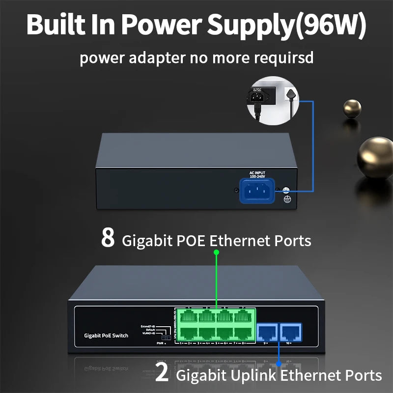 HORACO 8 Port 1000Mbps POE Switch 2 Gigabit Uplink 1000BASE-T RJ45 Networking Switcher 96W Hub Internet Splitter Plug and Play