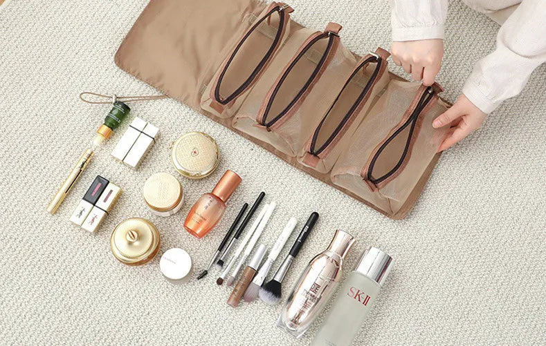 4 in 1 Cosmetic Bag For Women Zipper Mesh Separable Cosmetics Pouch Ladies Foldable Nylon Bag Rope Makeup Bag Kosmetyczka