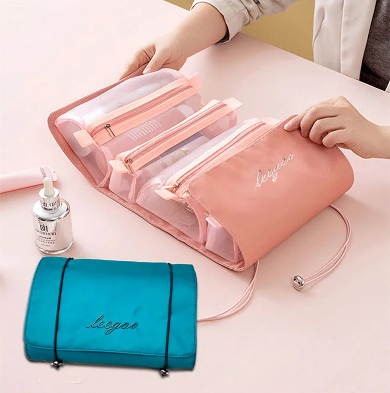 4 in 1 Cosmetic Bag For Women Zipper Mesh Separable Cosmetics Pouch Ladies Foldable Nylon Bag Rope Makeup Bag Kosmetyczka